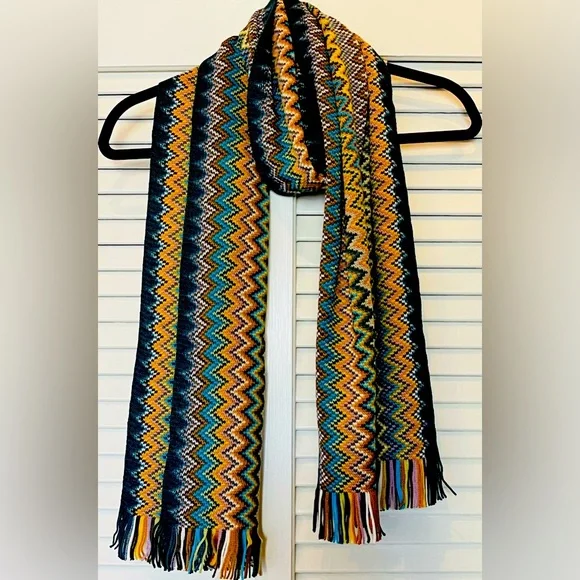 MISSONI. Multi-Color Fringed Knit Wool Scarf in Chevron Pattern